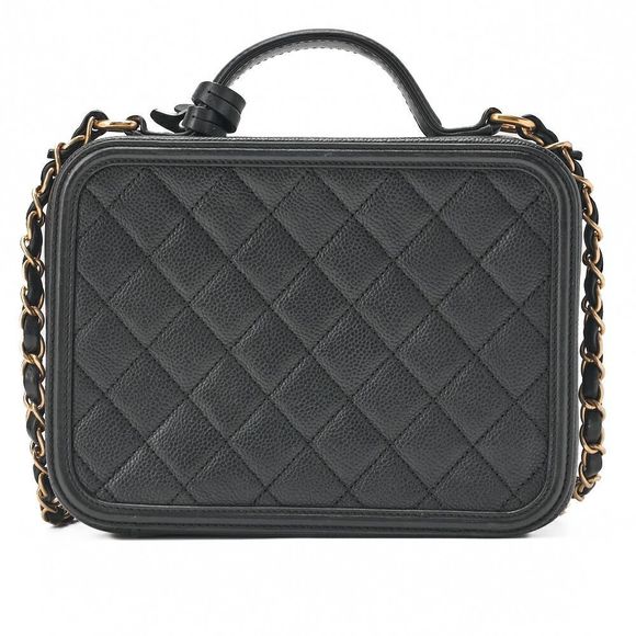 Chanel Shoulder Bag Coco Mark CC Filigree 2WAY Handbag Caviar Skin Black Gold - Picture 4 of 10